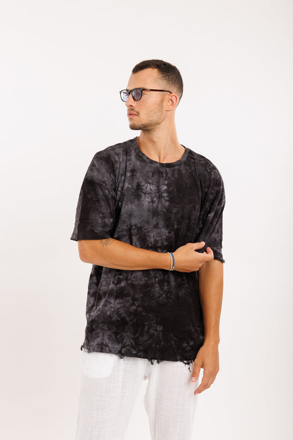 WASHED TIE DYE LINEN REPTED T - BLACK/GREY