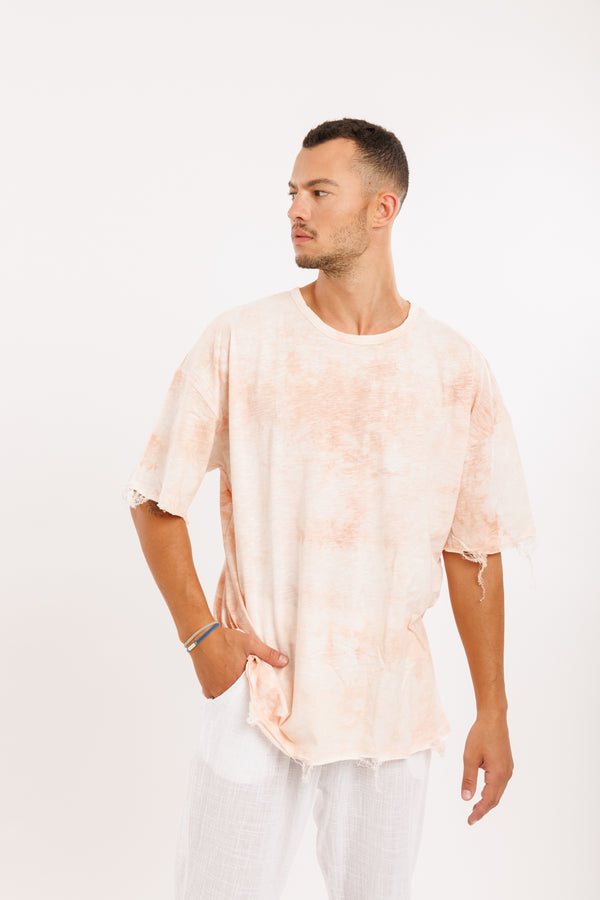 WASHED TIE DYE LINEN REPTED T - ORENGE/WHITE